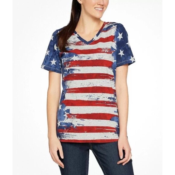 Denim & Co American Flag Print Short Sleeve V-Neck Top Pale Blue/Red M A291647 - Picture 1 of 2
